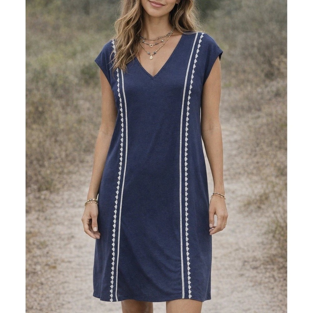 J. Jill Pure Jill Embroidered Cap Sleeve Dress Navy Blue Cotton Modal V-Neck S